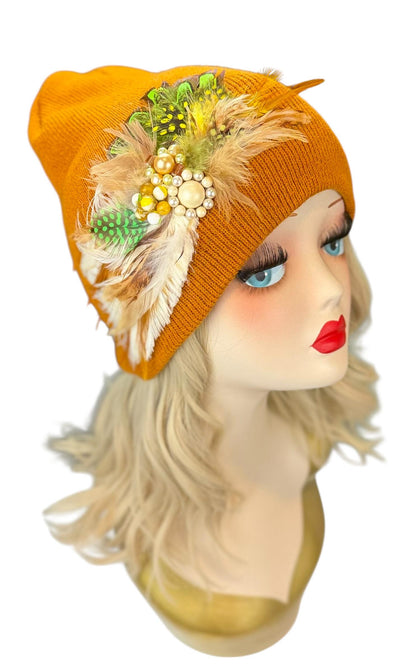 Caramel Goddess Embellished Feathered & Vintage Jeweled Knit Hat