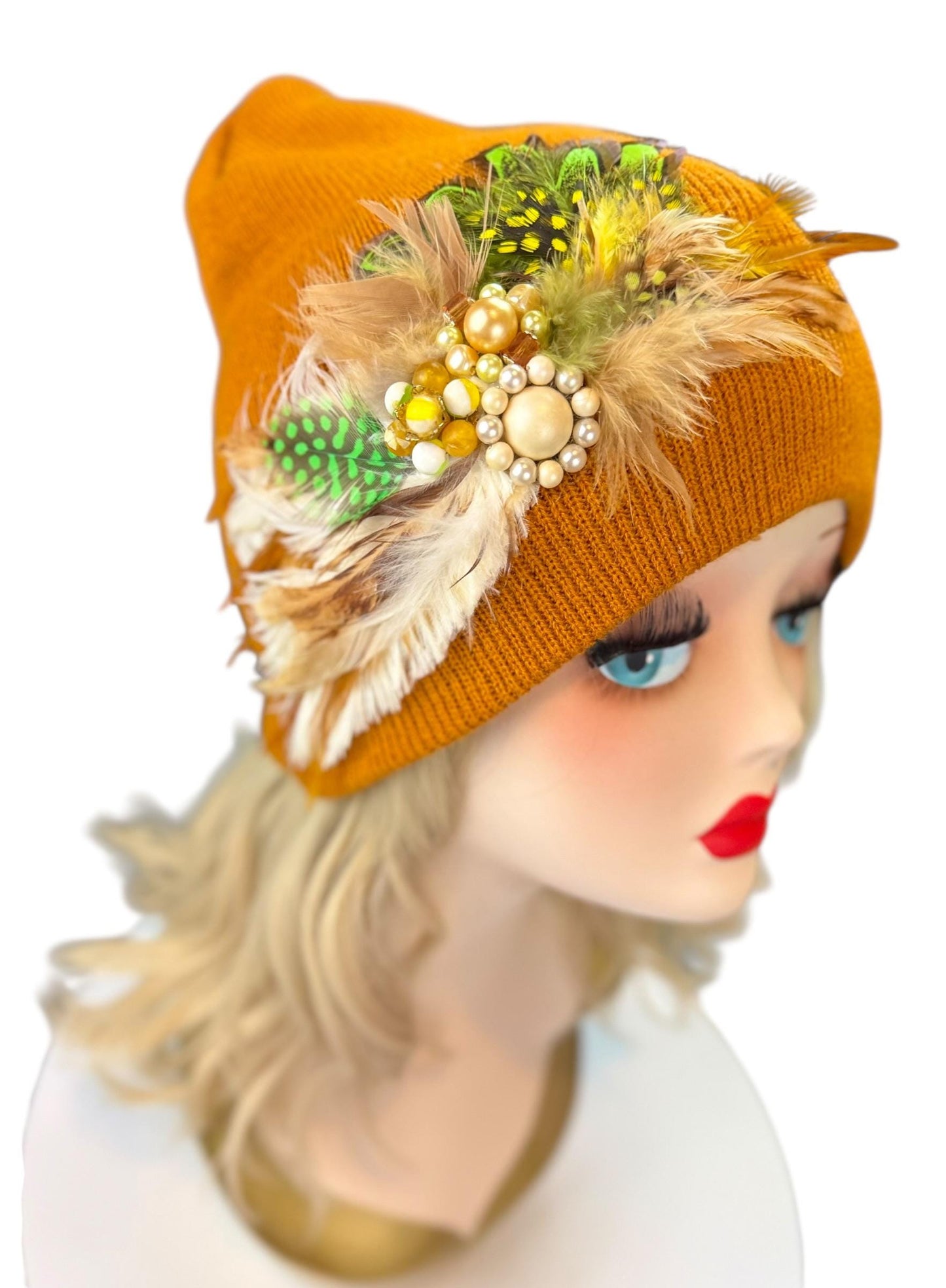 Caramel Goddess Embellished Feathered & Vintage Jeweled Knit Hat