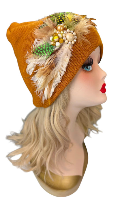 Caramel Goddess Embellished Feathered & Vintage Jeweled Knit Hat