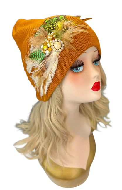 Caramel Goddess Embellished Feathered & Vintage Jeweled Knit Hat