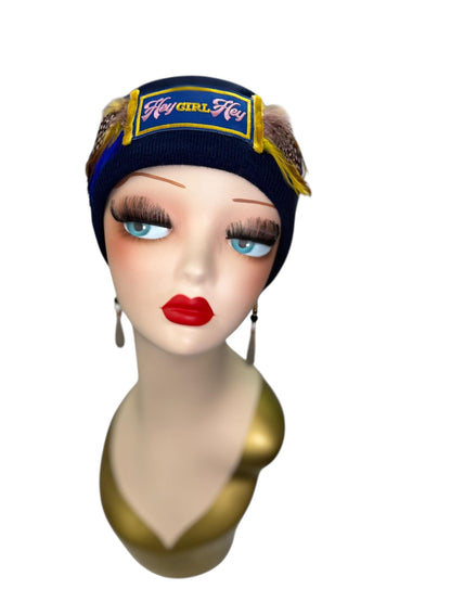 Stylish Statement “HEY Girl HEY” Patchwork Vintage Jeweled & Feather Embellished Designer Beanie