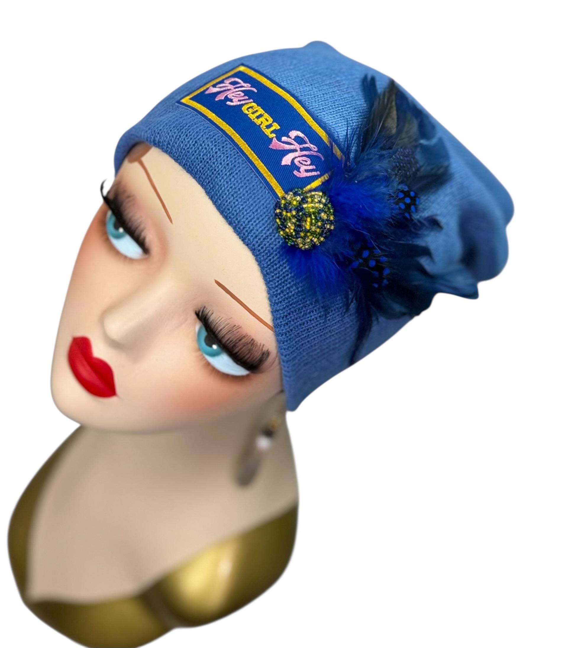 Stylish Statement “HEY Girl HEY” Patchwork Vintage Jeweled & Feather Embellished Designer Beanie