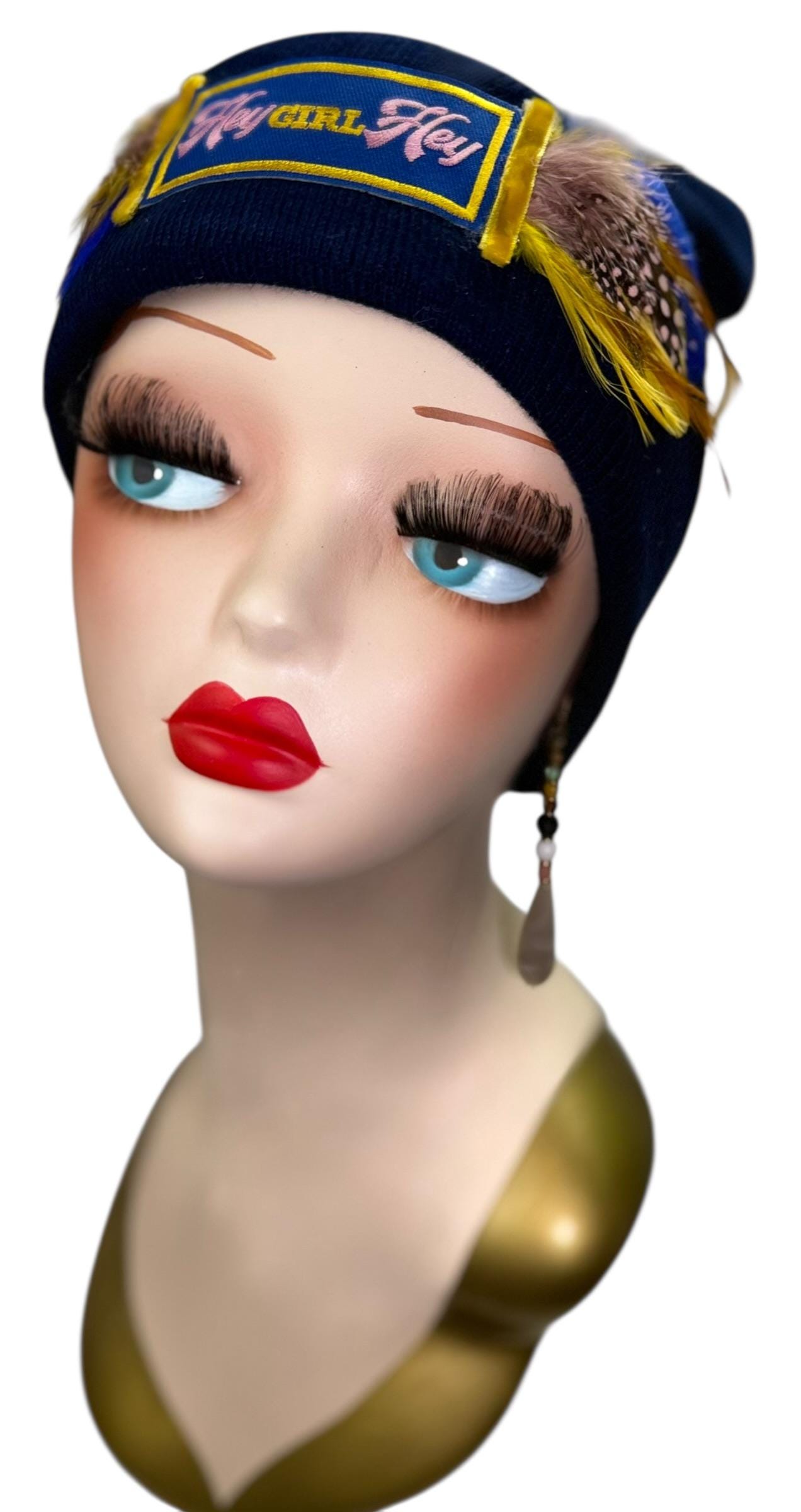 Stylish Statement “HEY Girl HEY” Patchwork Vintage Jeweled & Feather Embellished Designer Beanie