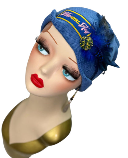Stylish Statement “HEY Girl HEY” Patchwork Vintage Jeweled & Feather Embellished Designer Beanie