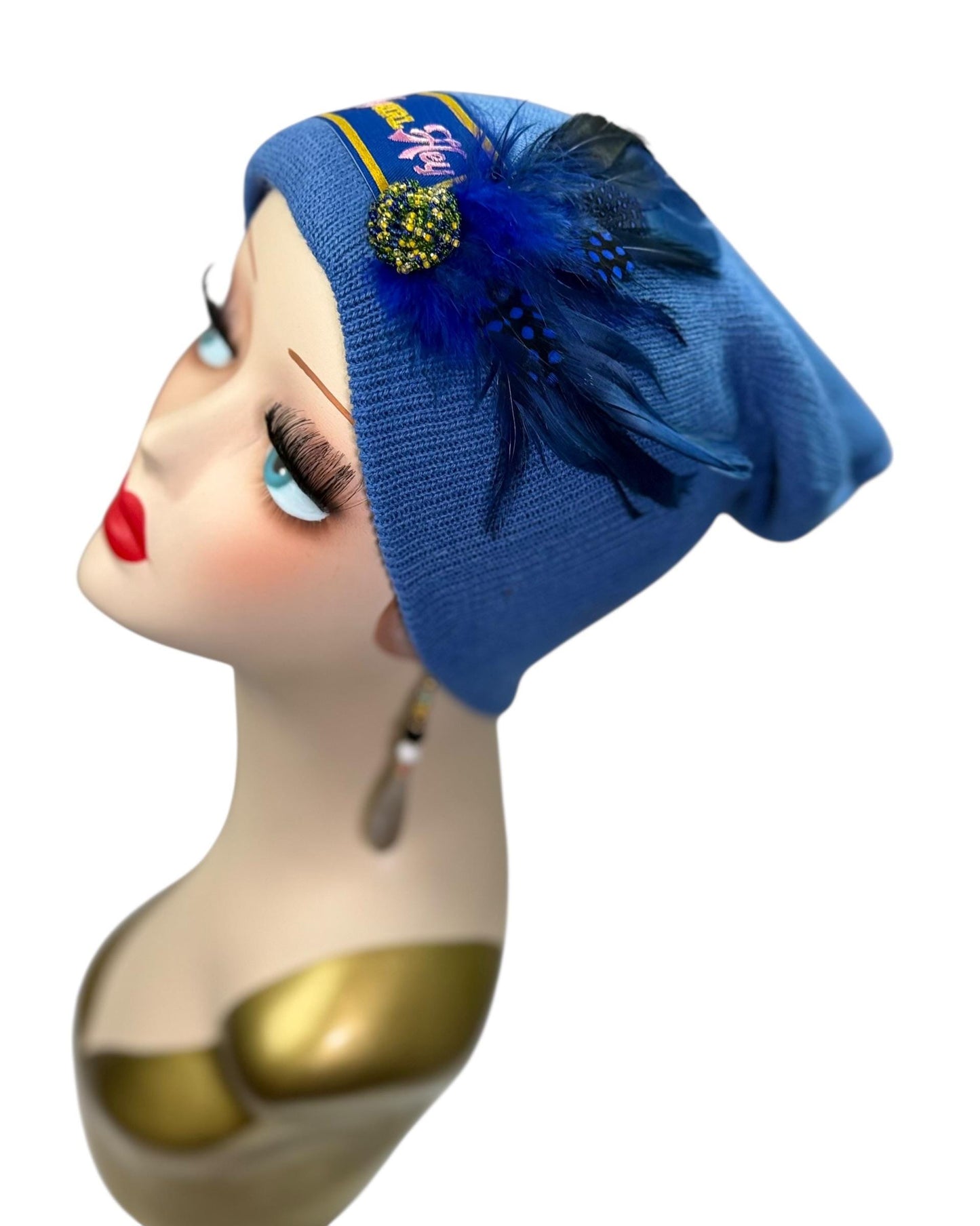 Stylish Statement “HEY Girl HEY” Patchwork Vintage Jeweled & Feather Embellished Designer Beanie