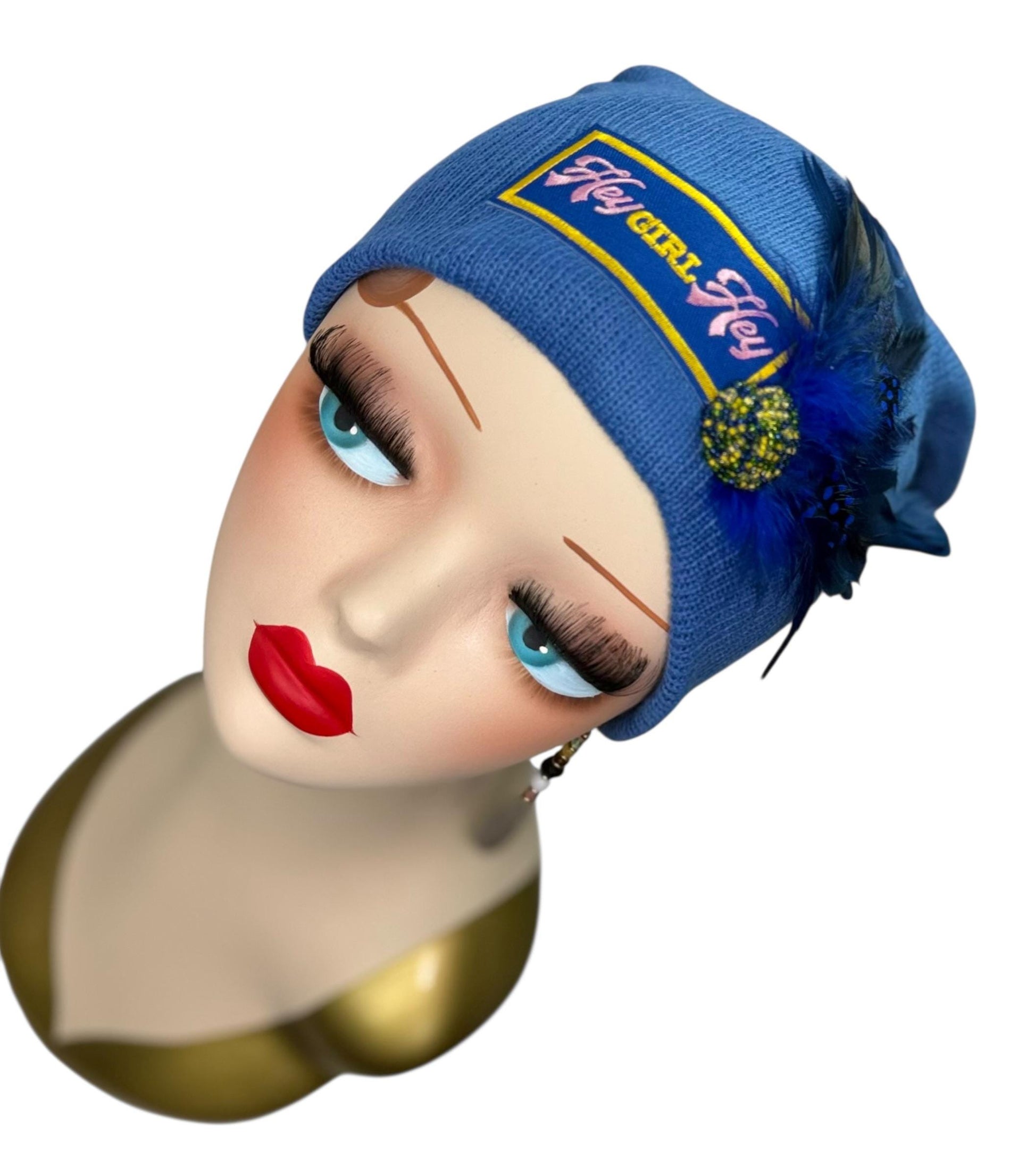 Stylish Statement “HEY Girl HEY” Patchwork Vintage Jeweled & Feather Embellished Designer Beanie