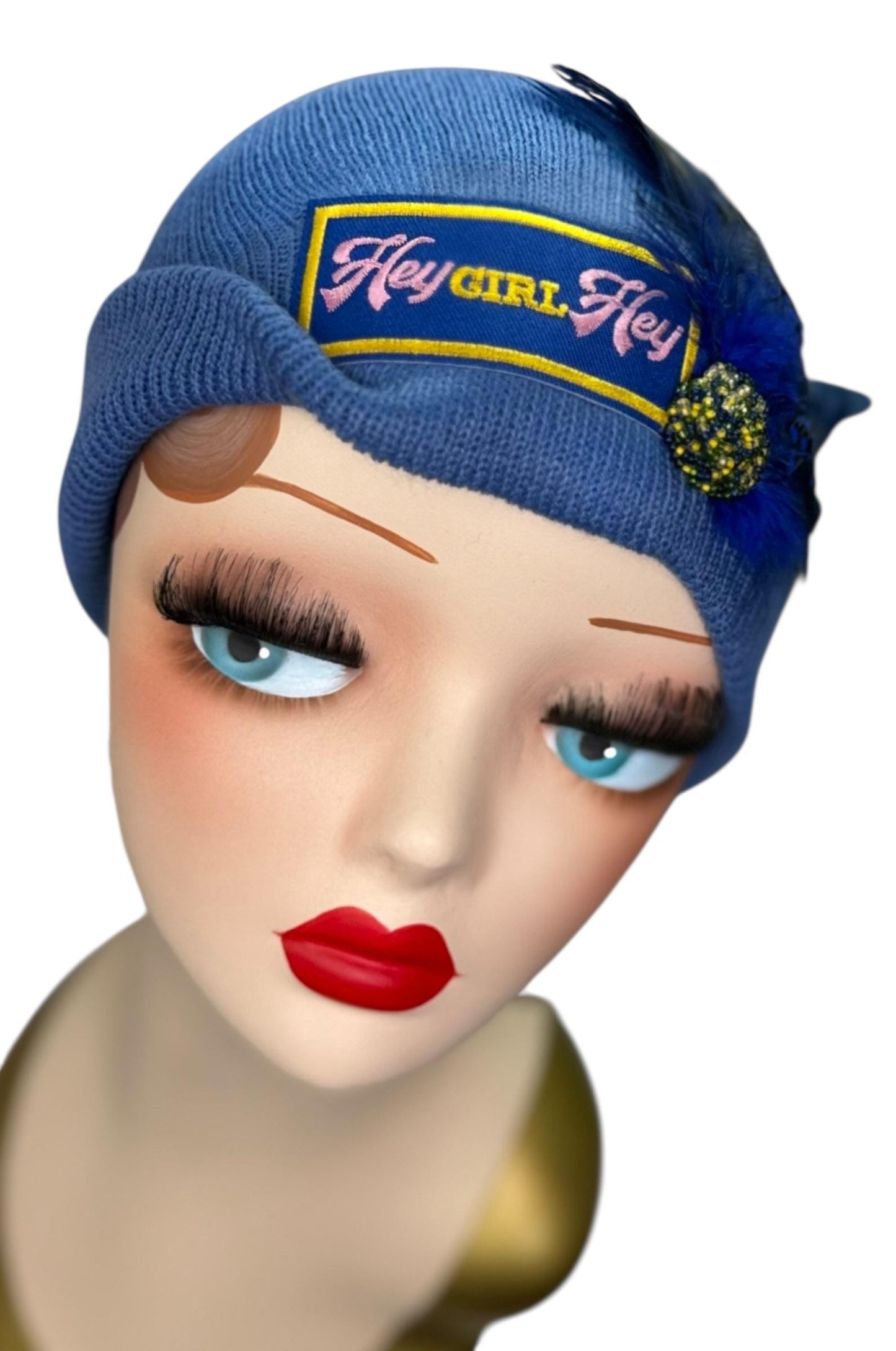 Stylish Statement “HEY Girl HEY” Patchwork Vintage Jeweled & Feather Embellished Designer Beanie