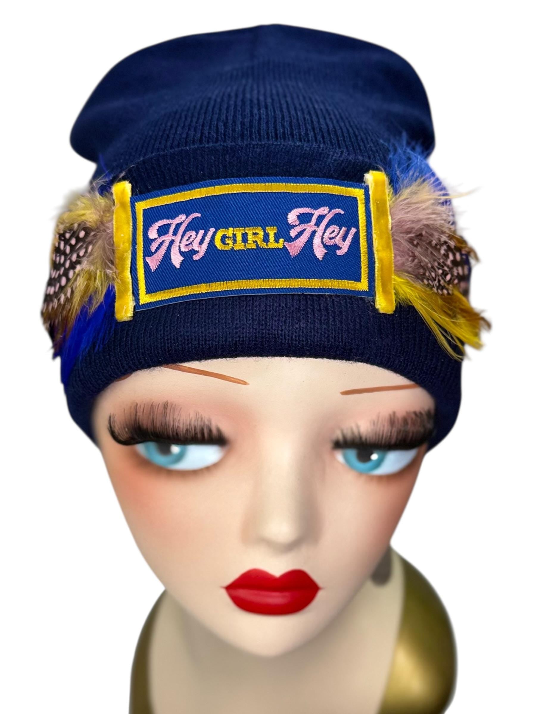 Stylish Statement “HEY Girl HEY” Patchwork Vintage Jeweled & Feather Embellished Designer Beanie