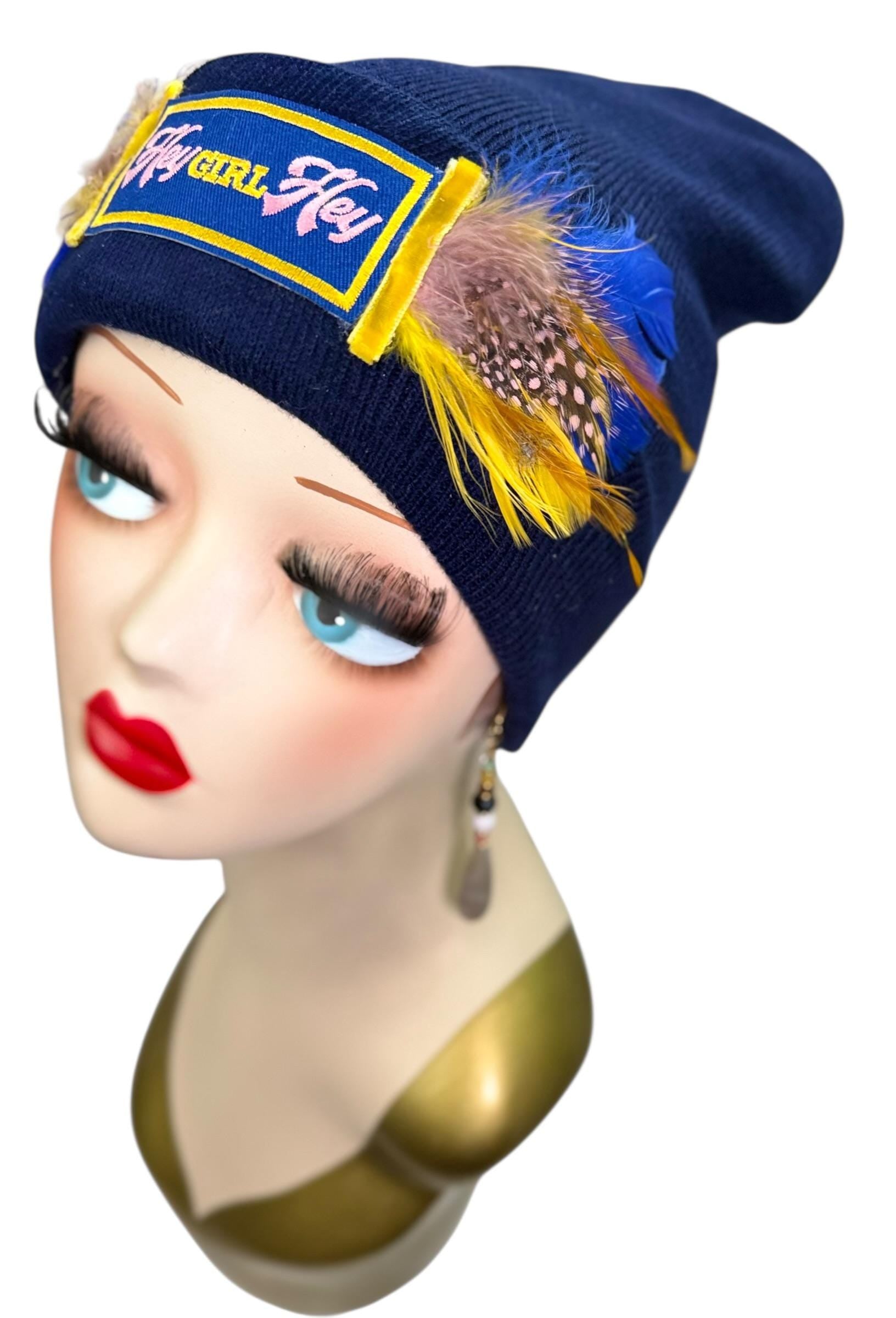 Stylish Statement “HEY Girl HEY” Patchwork Vintage Jeweled & Feather Embellished Designer Beanie
