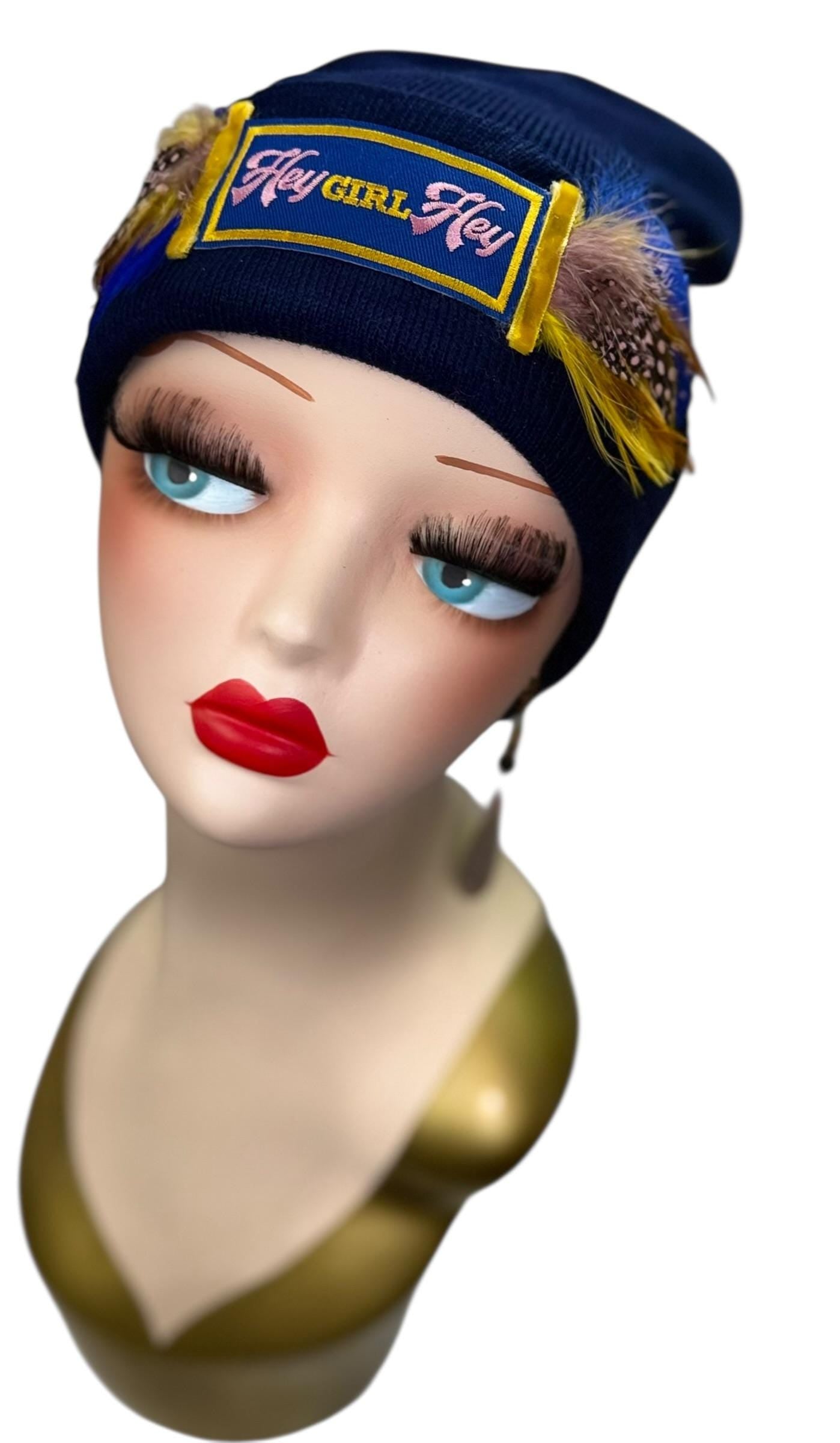Stylish Statement “HEY Girl HEY” Patchwork Vintage Jeweled & Feather Embellished Designer Beanie