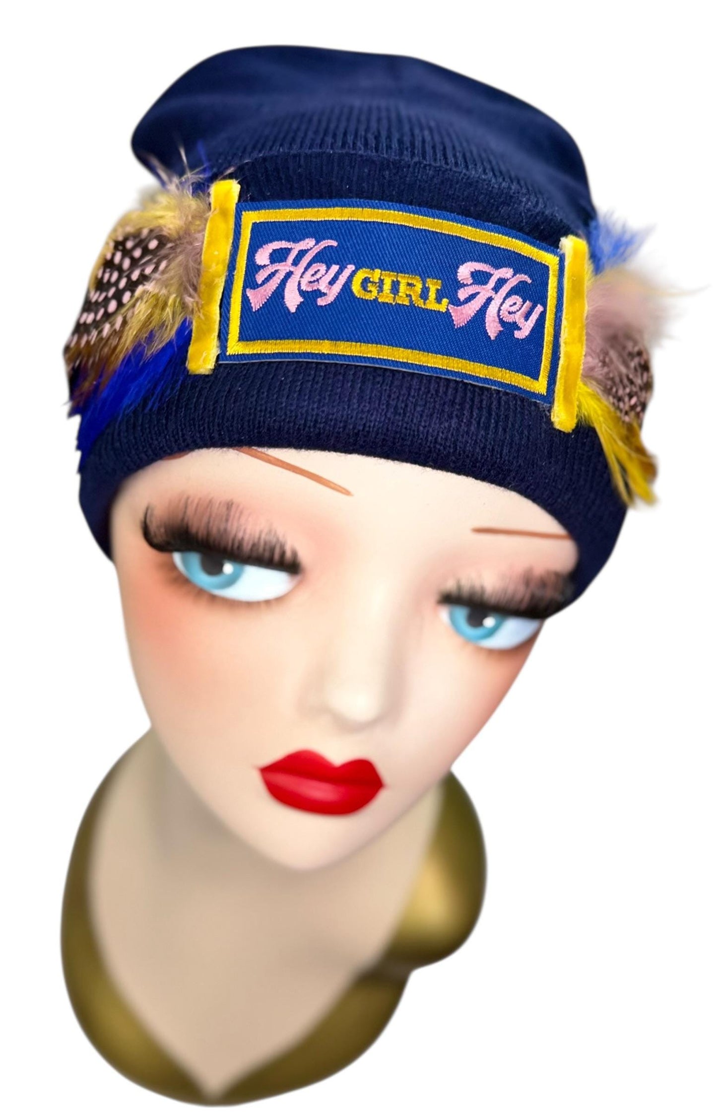 Stylish Statement “HEY Girl HEY” Patchwork Vintage Jeweled & Feather Embellished Designer Beanie