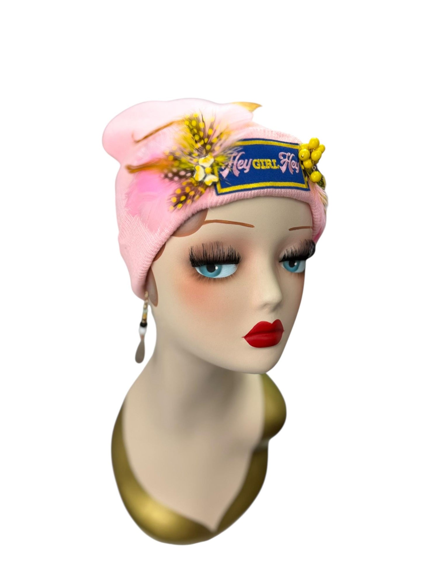 Stylish Pink Statement “HEY Girl HEY” Patchwork Vintage Jeweled & Feather Embellished Designer Beanie