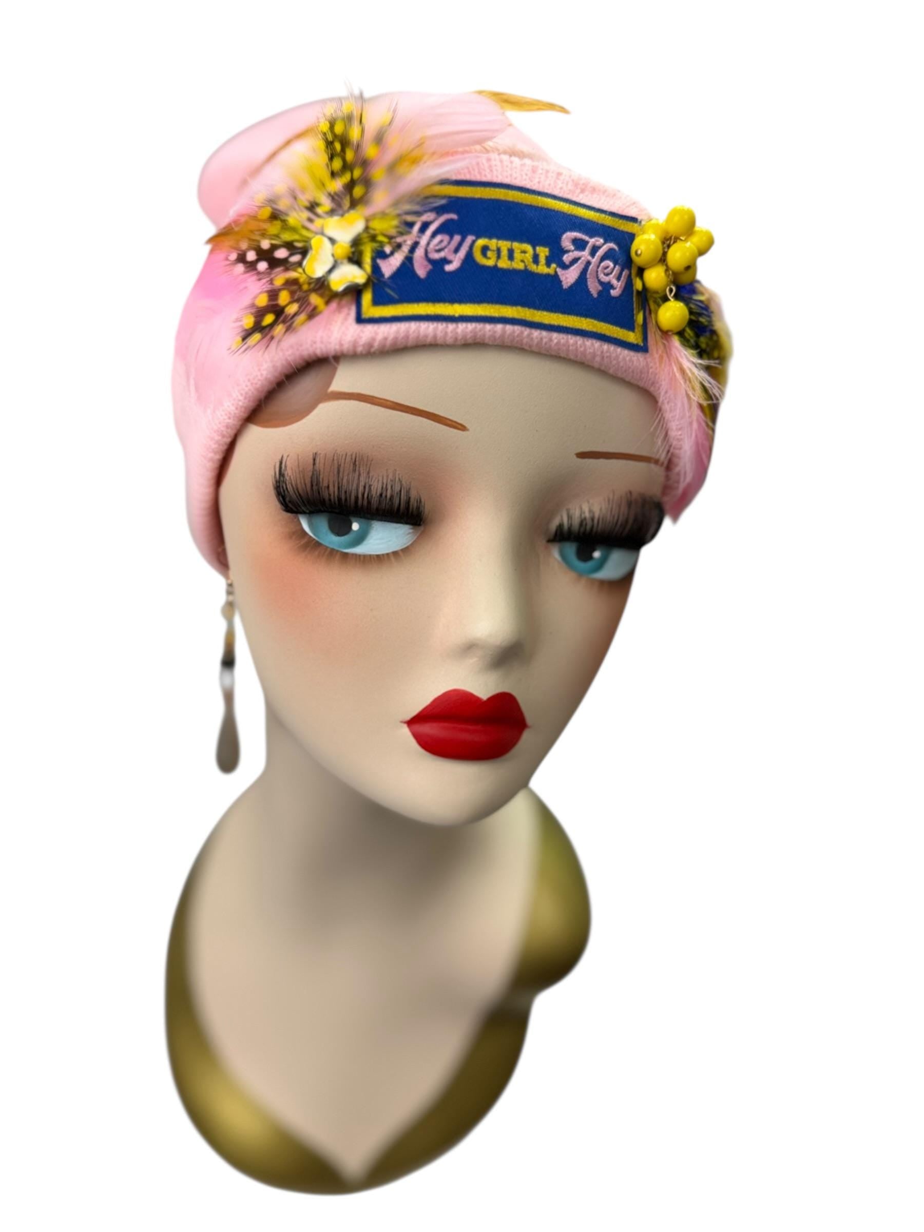 Stylish Pink Statement “HEY Girl HEY” Patchwork Vintage Jeweled & Feather Embellished Designer Beanie