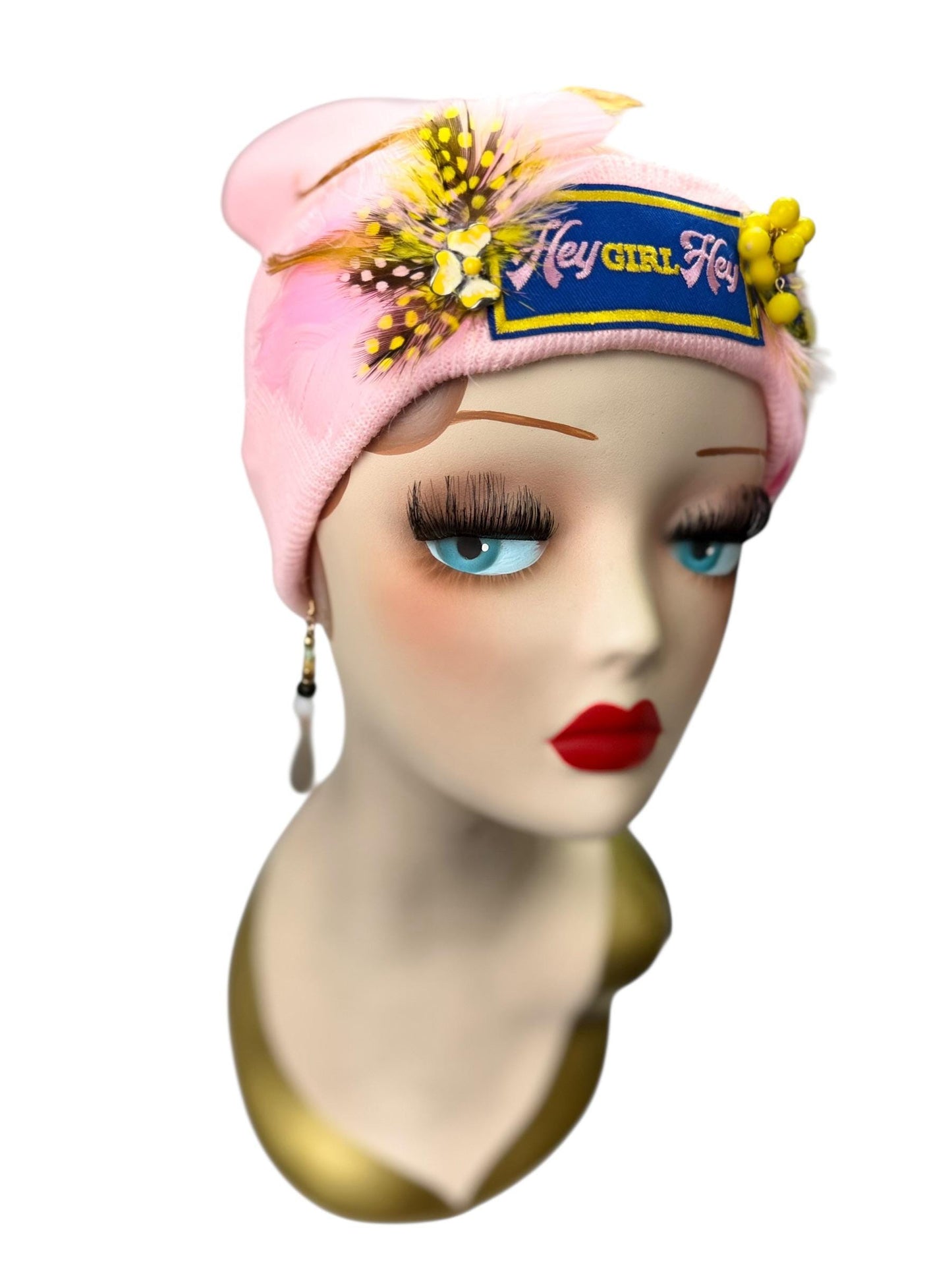 Stylish Pink Statement “HEY Girl HEY” Patchwork Vintage Jeweled & Feather Embellished Designer Beanie