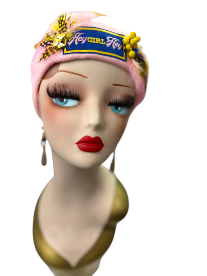 Stylish Pink Statement “HEY Girl HEY” Patchwork Vintage Jeweled & Feather Embellished Designer Beanie