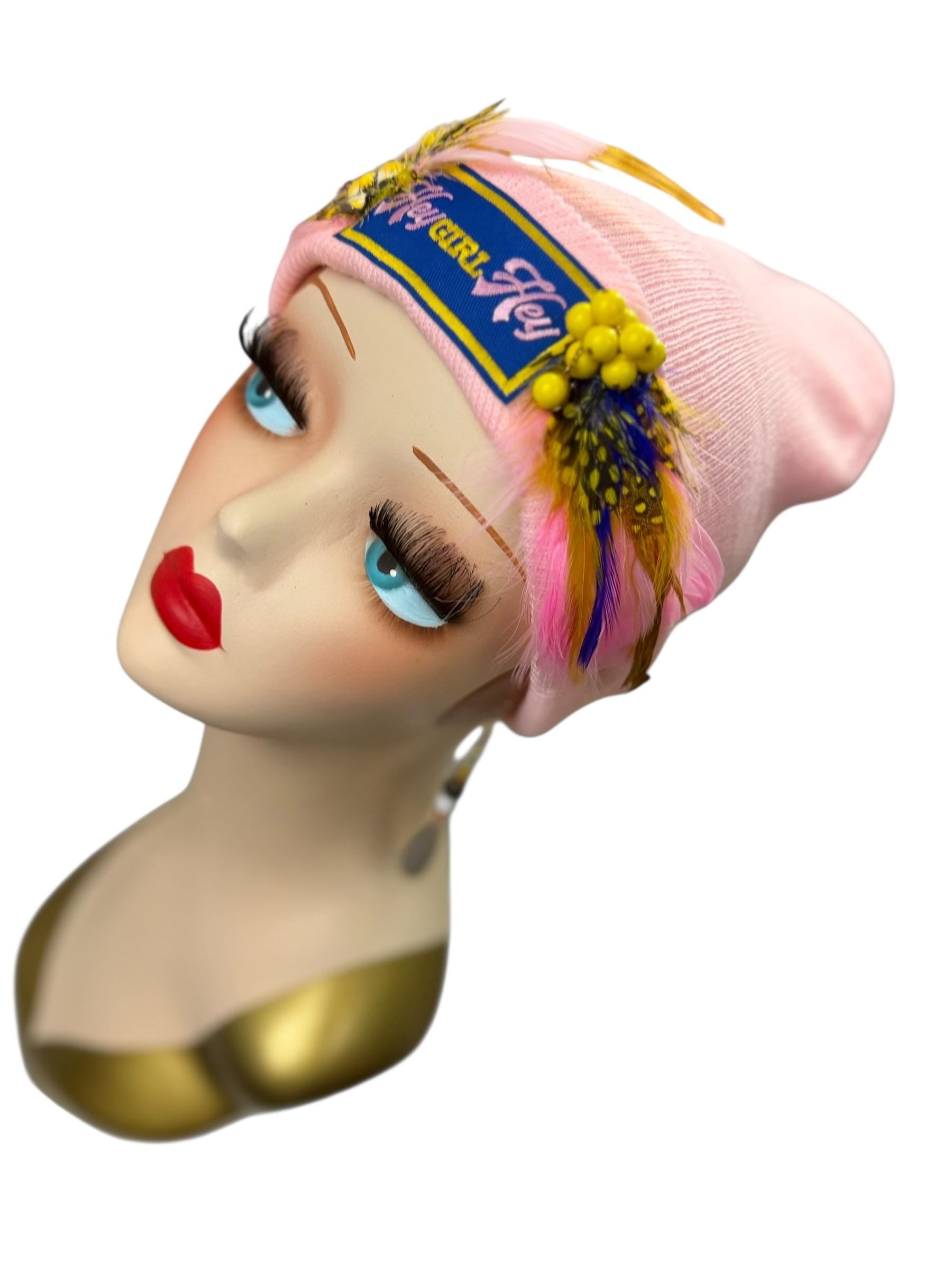 Stylish Pink Statement “HEY Girl HEY” Patchwork Vintage Jeweled & Feather Embellished Designer Beanie