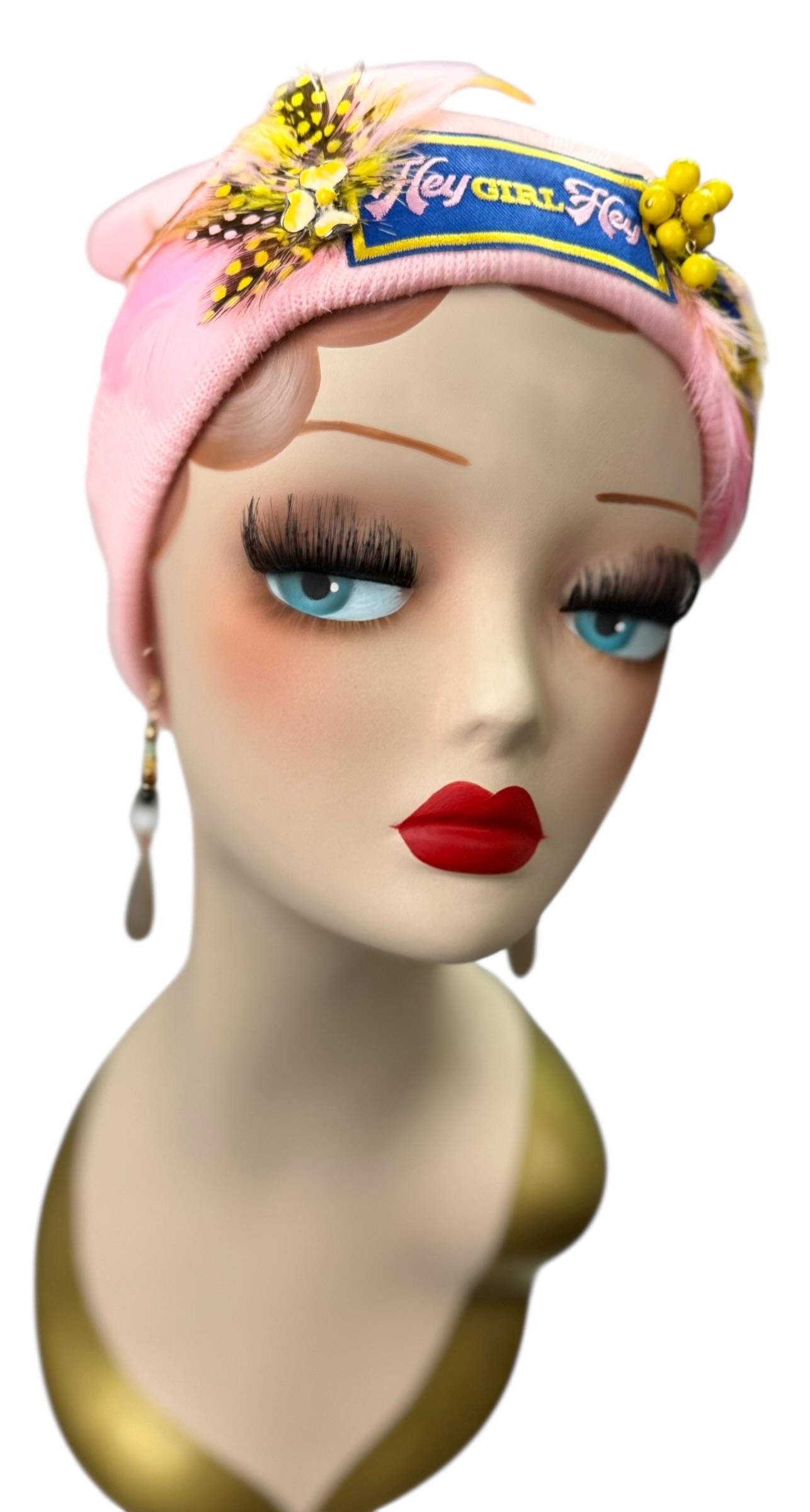 Stylish Pink Statement “HEY Girl HEY” Patchwork Vintage Jeweled & Feather Embellished Designer Beanie