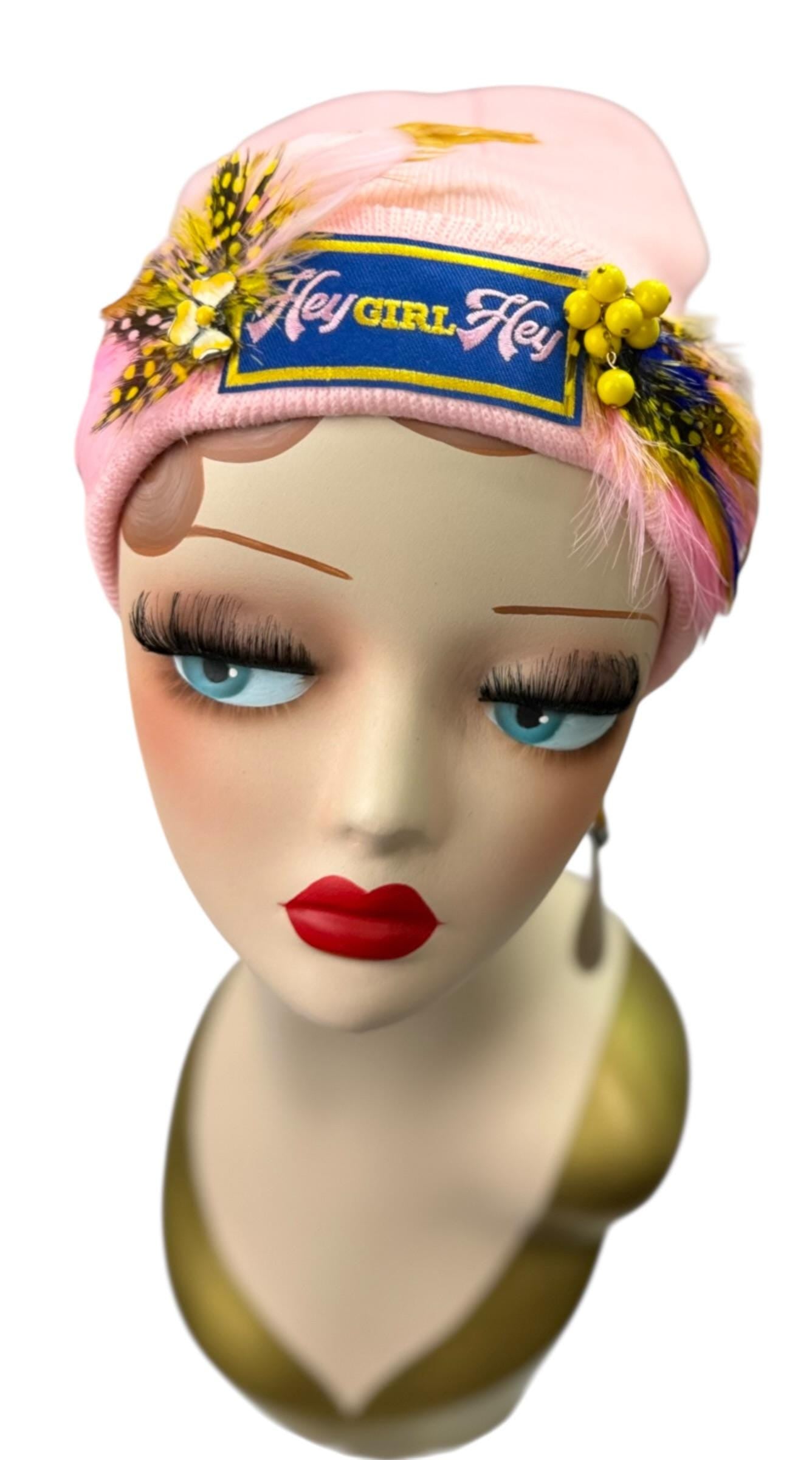 Stylish Pink Statement “HEY Girl HEY” Patchwork Vintage Jeweled & Feather Embellished Designer Beanie