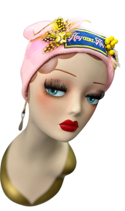 Stylish Pink Statement “HEY Girl HEY” Patchwork Vintage Jeweled & Feather Embellished Designer Beanie