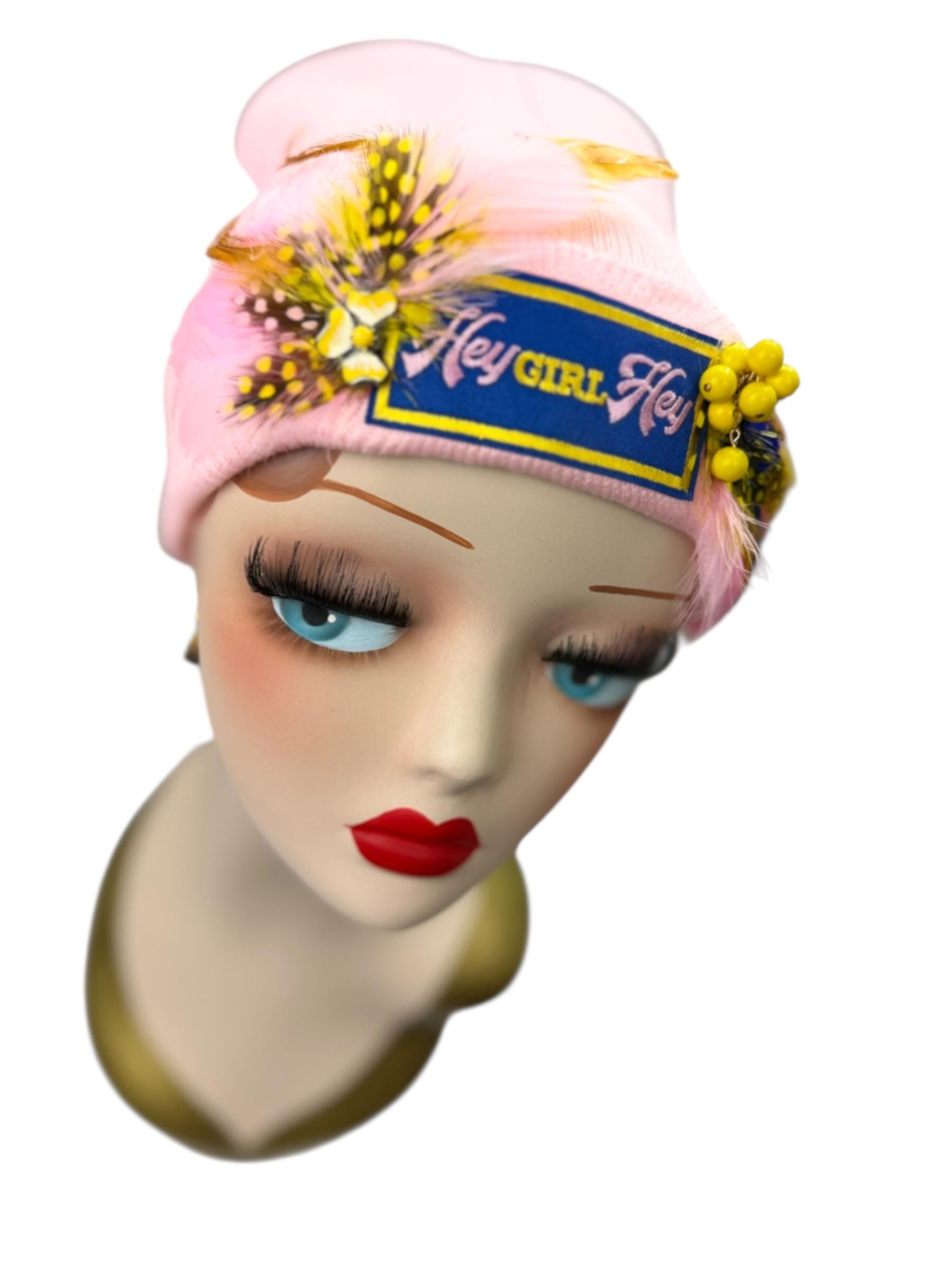 Stylish Pink Statement “HEY Girl HEY” Patchwork Vintage Jeweled & Feather Embellished Designer Beanie
