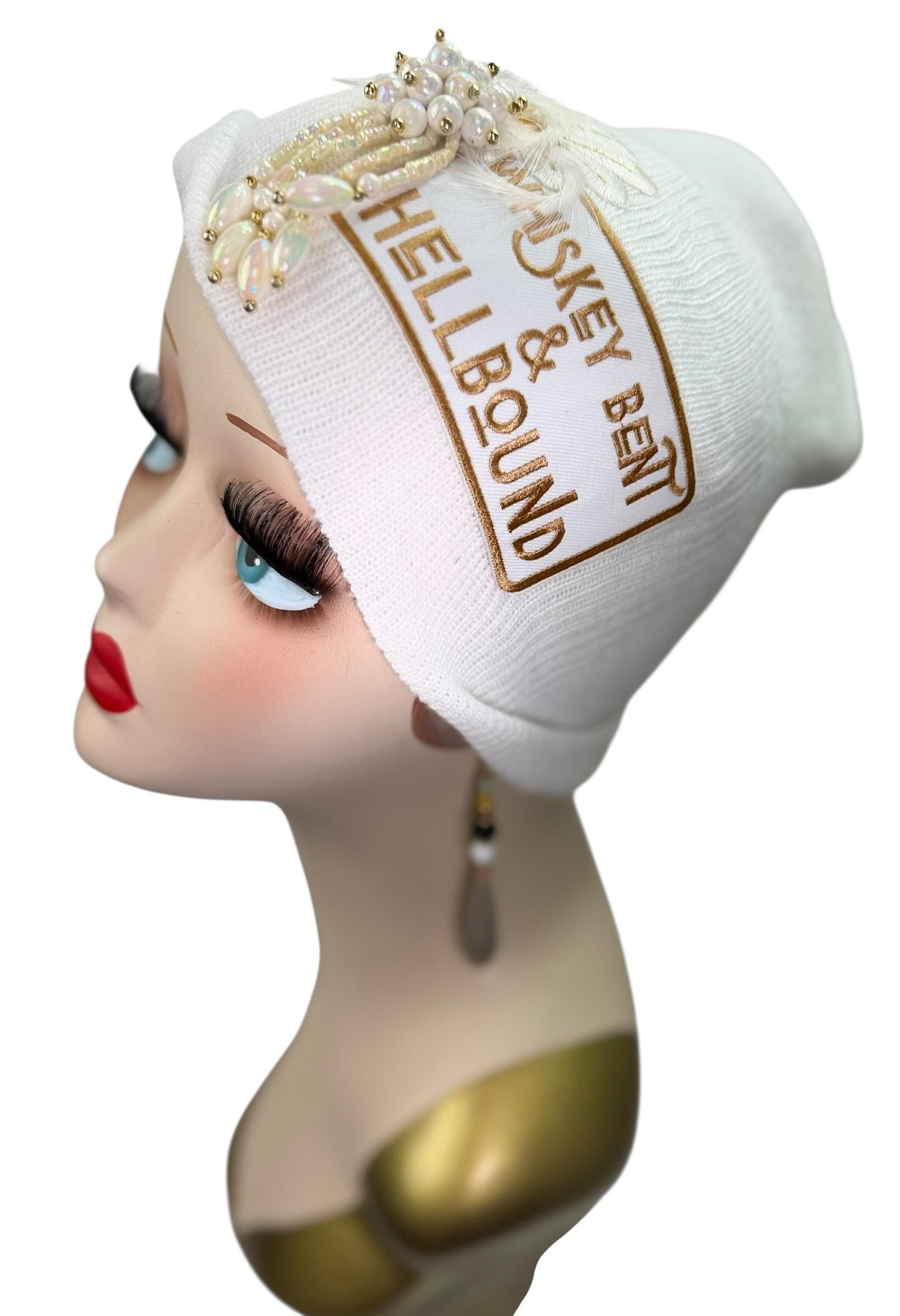 Whiskey Bent & HellBound Statement Patchwork Vintage Jeweled Embellished Fashionable Beanie