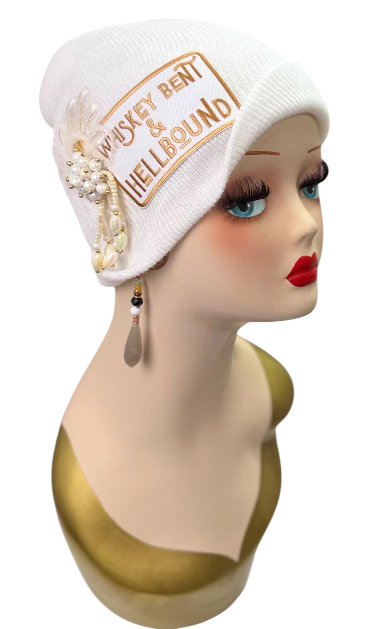 Whiskey Bent & HellBound Statement Patchwork Vintage Jeweled Embellished Fashionable Beanie