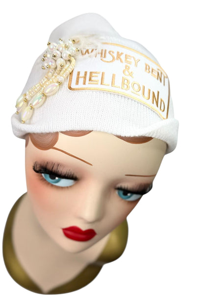 Whiskey Bent & HellBound Statement Patchwork Vintage Jeweled Embellished Fashionable Beanie