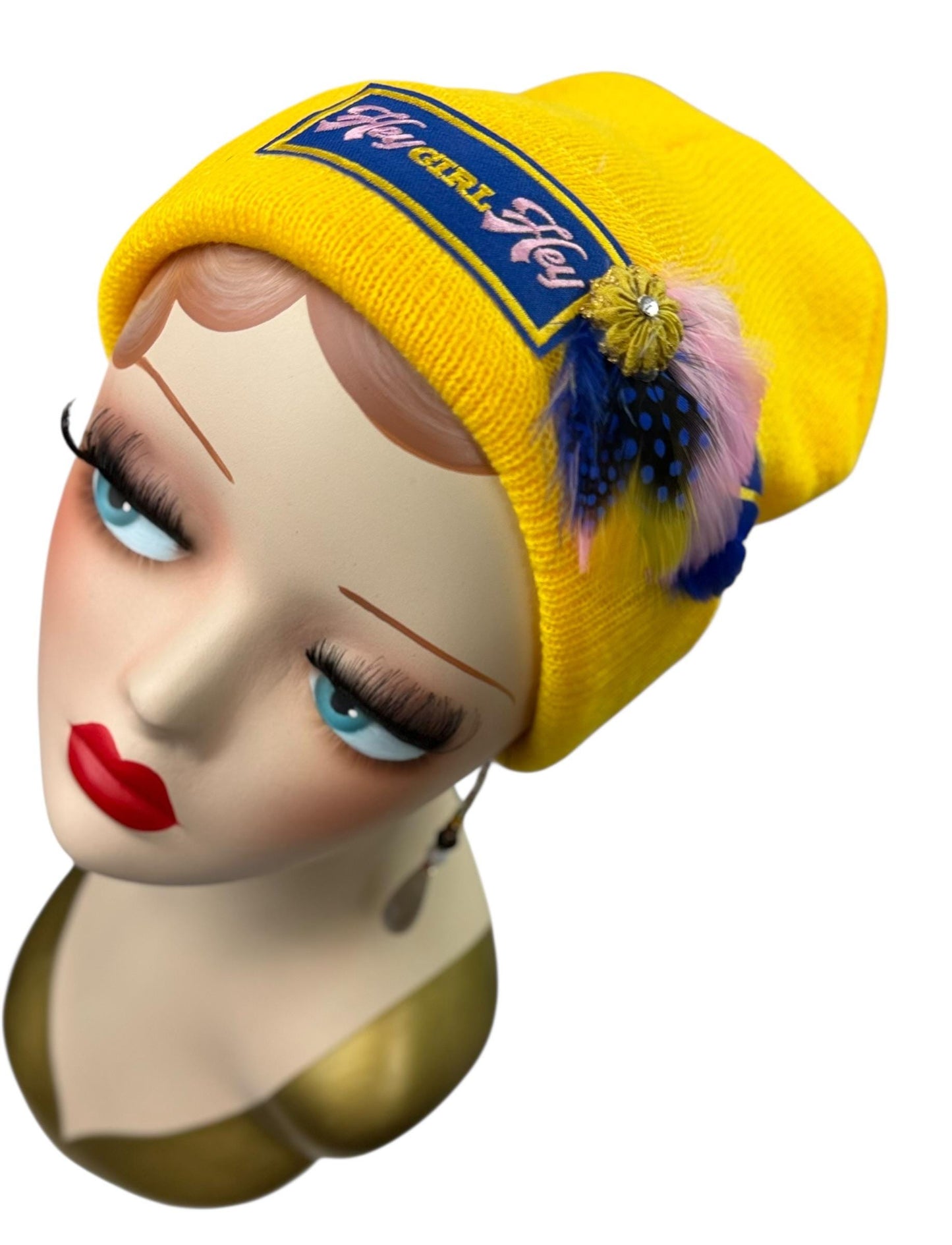 Hello Sunshine Statement “HEY Girl HEY” Patchwork Vintage Jeweled & Feather Embellished Beanie