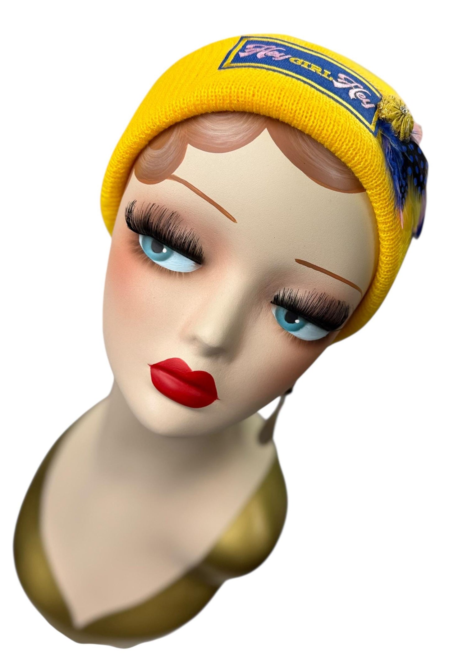 Hello Sunshine Statement “HEY Girl HEY” Patchwork Vintage Jeweled & Feather Embellished Beanie