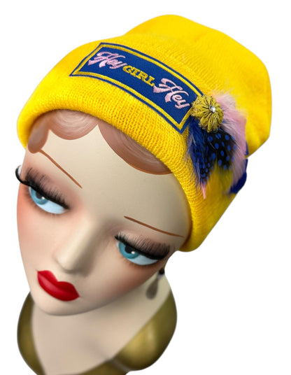 Hello Sunshine Statement “HEY Girl HEY” Patchwork Vintage Jeweled & Feather Embellished Beanie