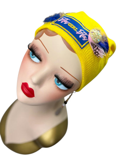 Hello Sunshine Statement “HEY Girl HEY” Patchwork Vintage Jeweled & Feather Embellished Beanie