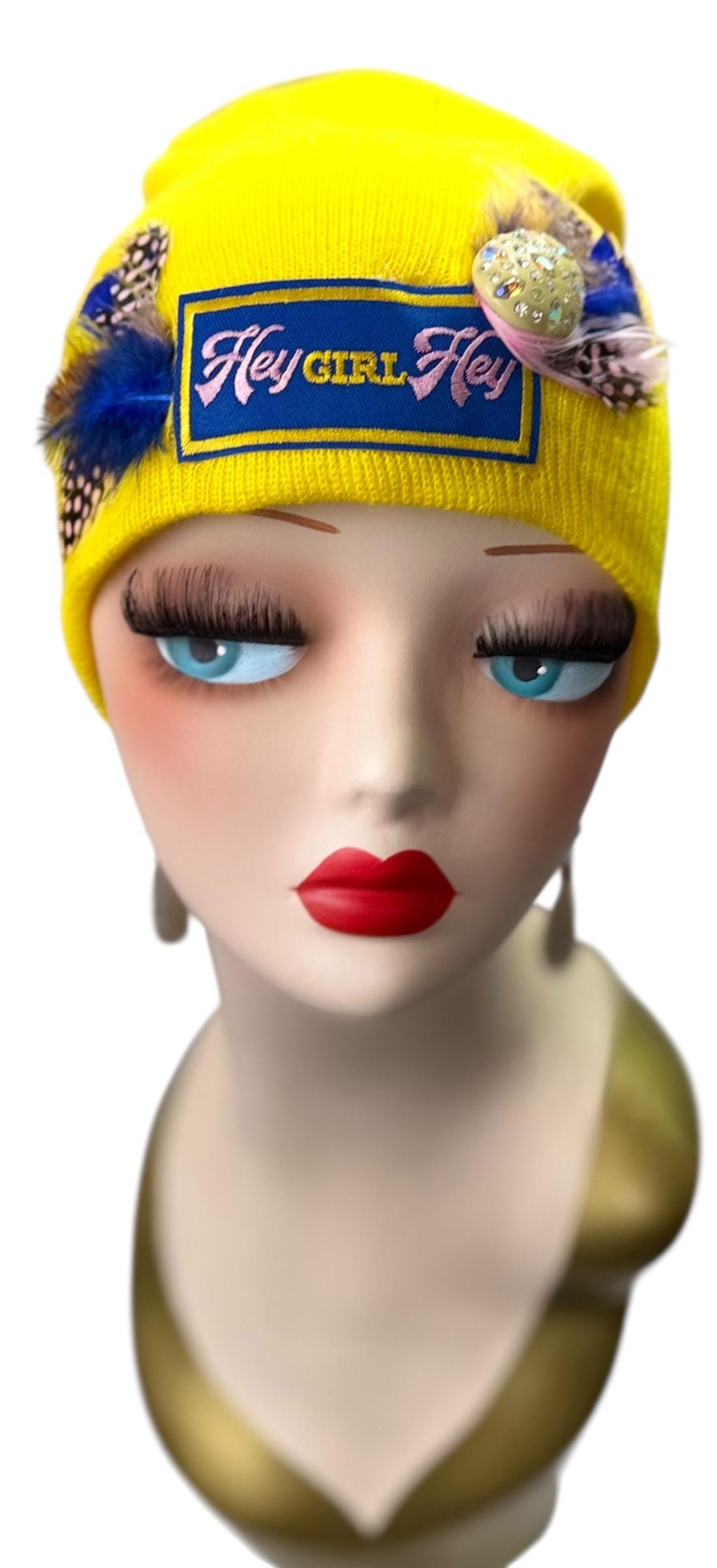 Hello Sunshine Statement “HEY Girl HEY” Patchwork Vintage Jeweled & Feather Embellished Beanie