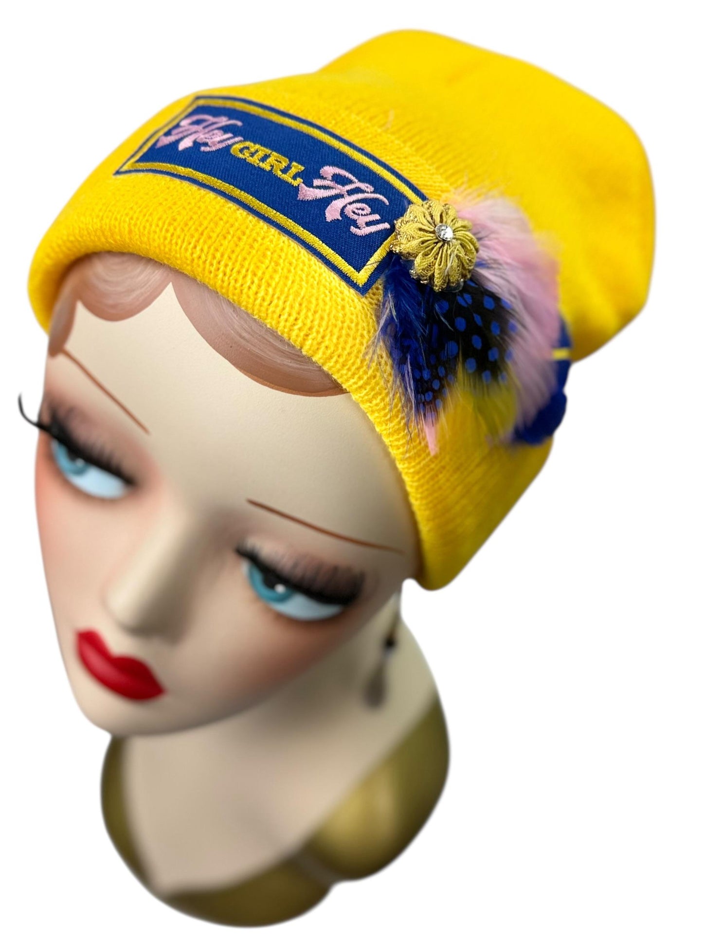 Hello Sunshine Statement “HEY Girl HEY” Patchwork Vintage Jeweled & Feather Embellished Beanie