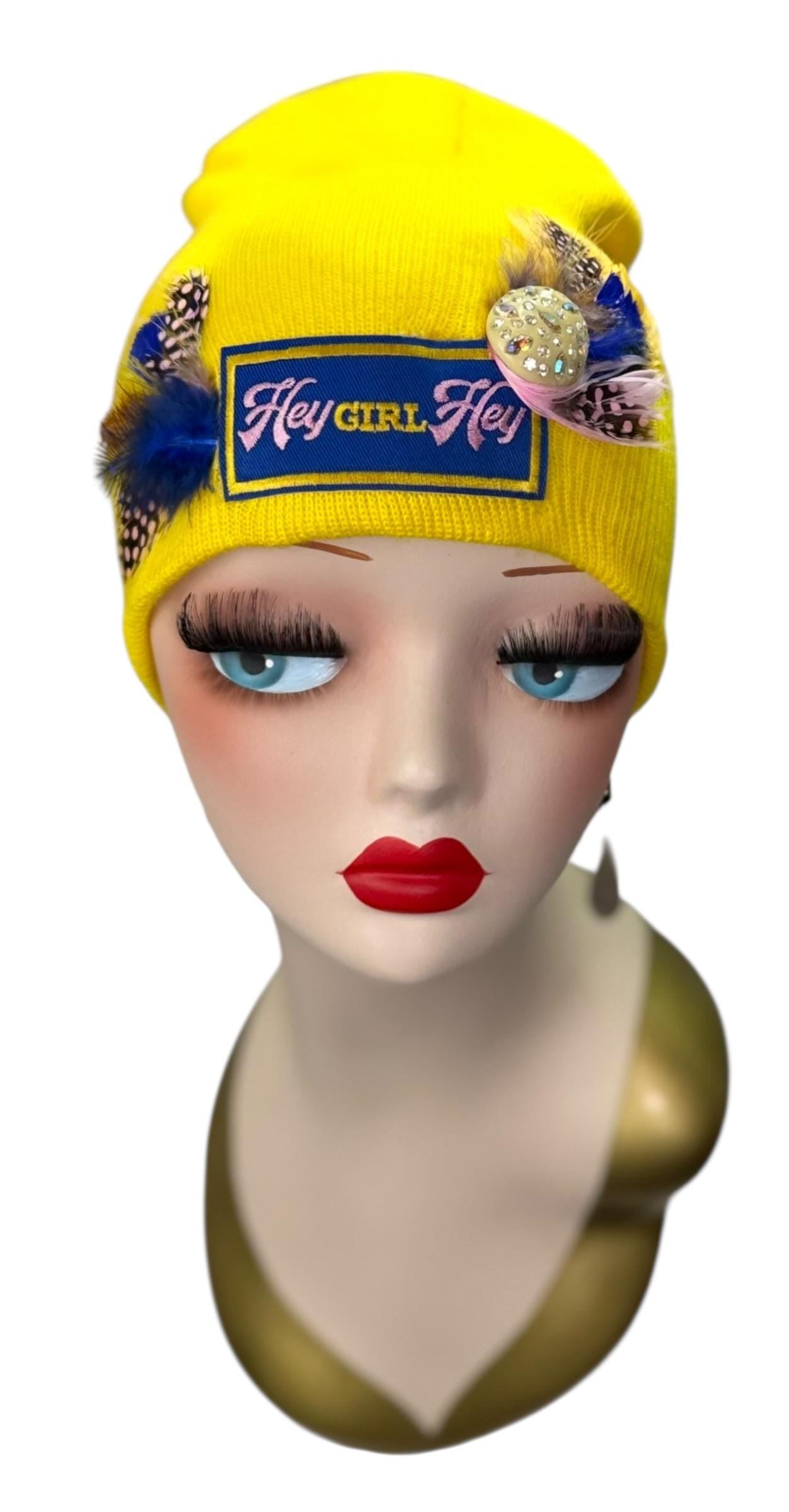 Hello Sunshine Statement “HEY Girl HEY” Patchwork Vintage Jeweled & Feather Embellished Beanie