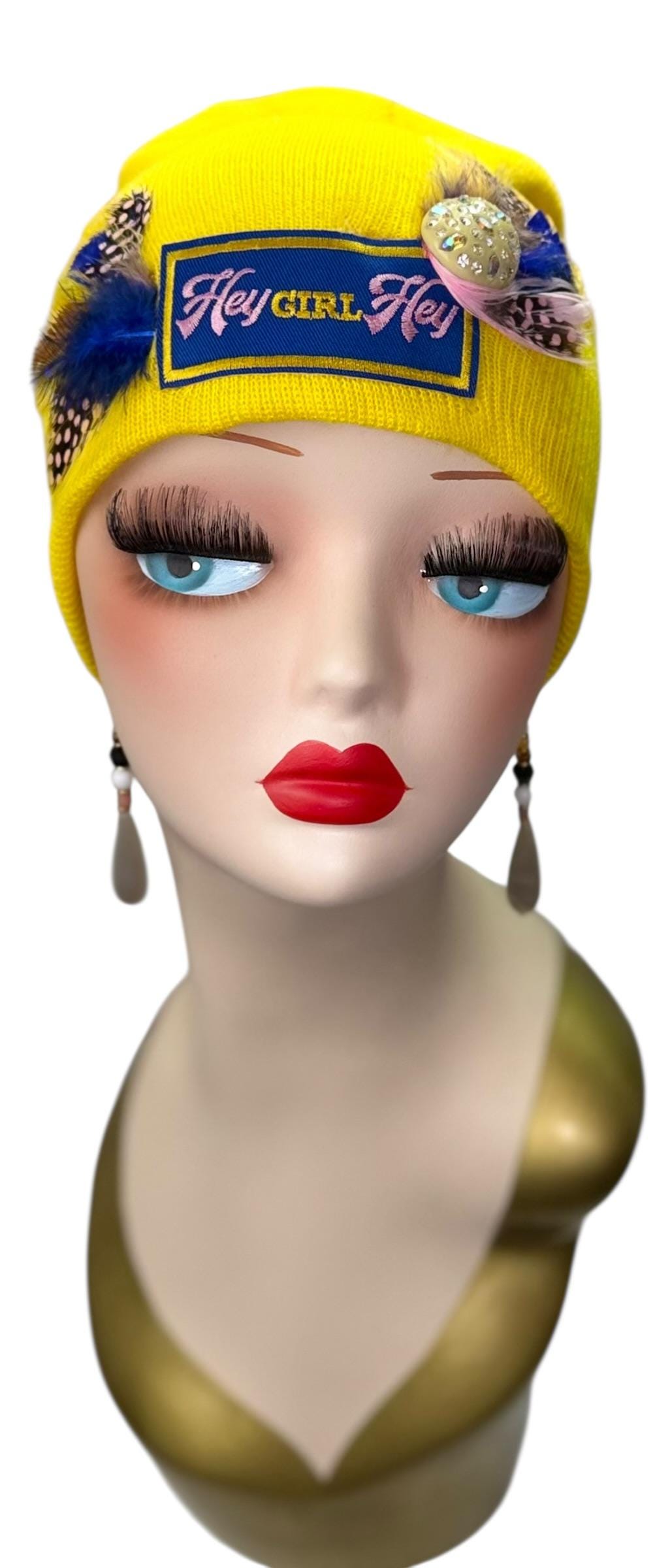 Hello Sunshine Statement “HEY Girl HEY” Patchwork Vintage Jeweled & Feather Embellished Beanie