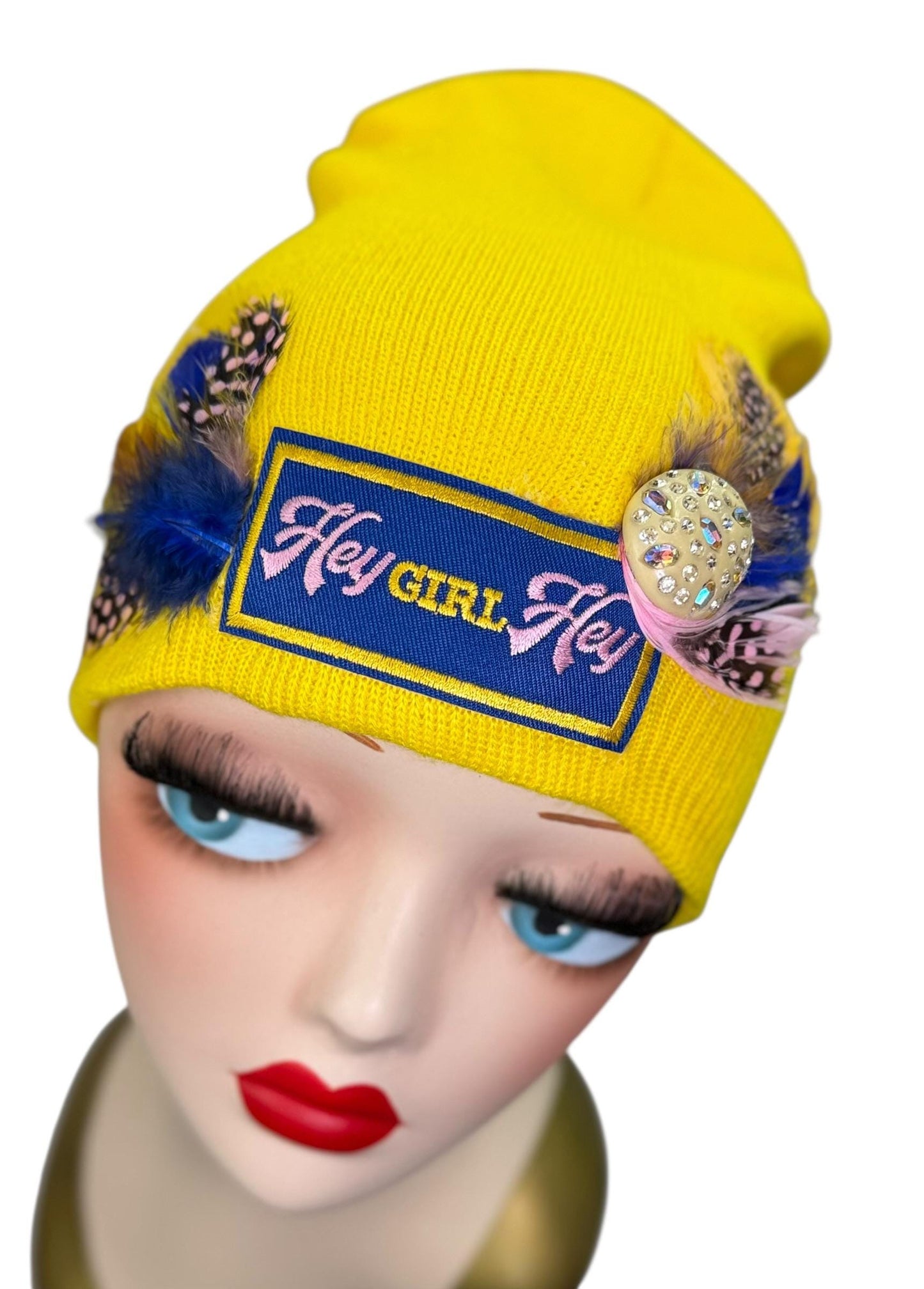 Hello Sunshine Statement “HEY Girl HEY” Patchwork Vintage Jeweled & Feather Embellished Beanie