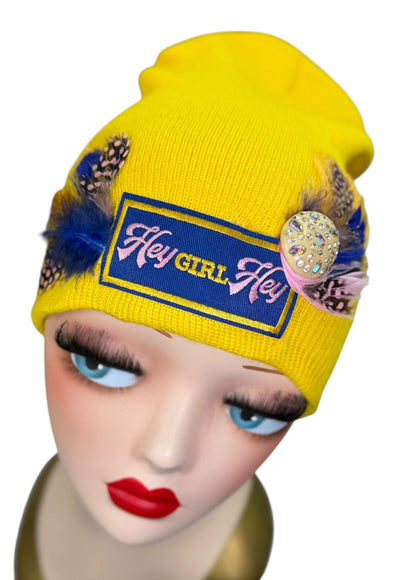 Hello Sunshine Statement “HEY Girl HEY” Patchwork Vintage Jeweled & Feather Embellished Beanie