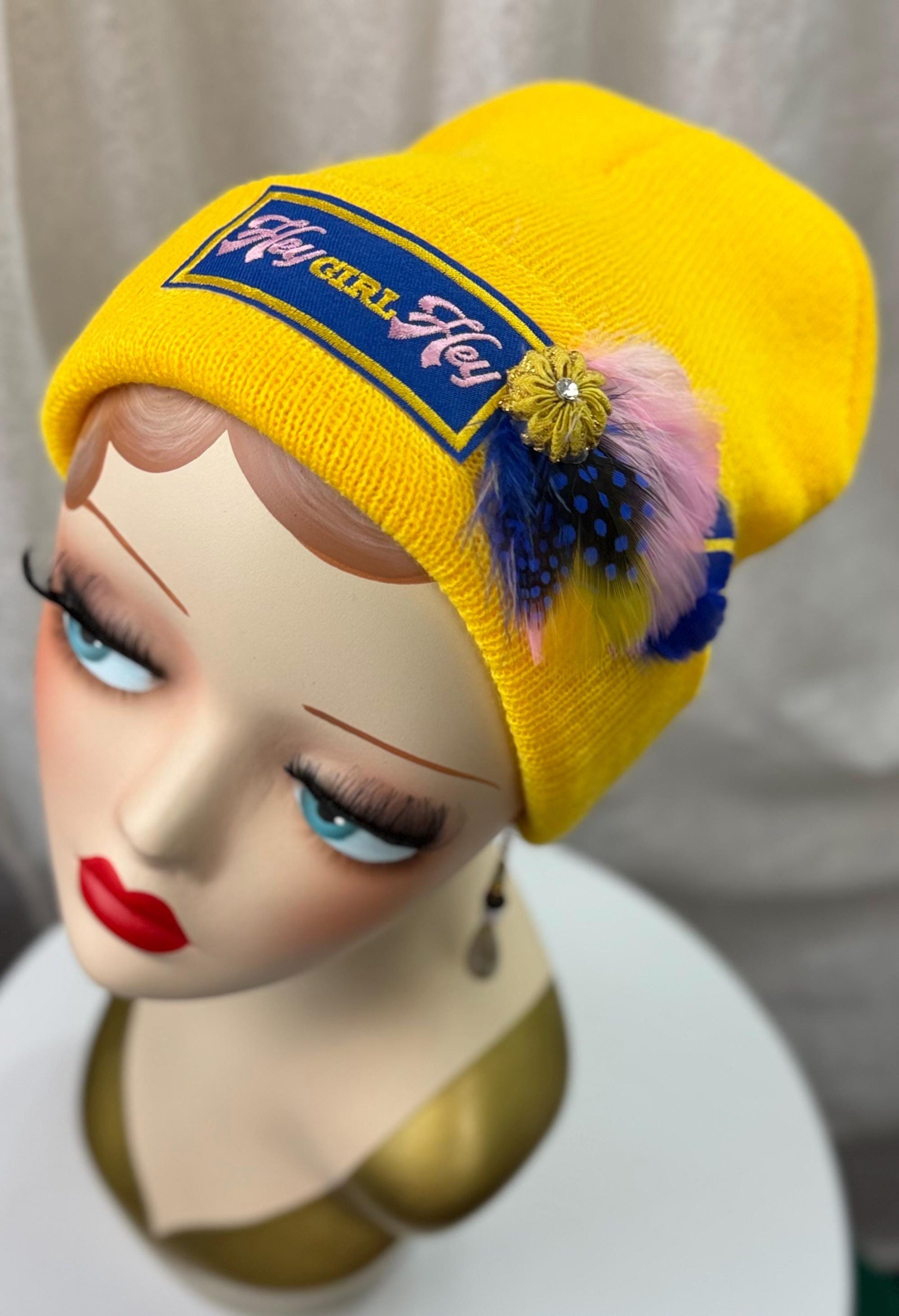 Hello Sunshine Statement “HEY Girl HEY” Patchwork Vintage Jeweled & Feather Embellished Beanie