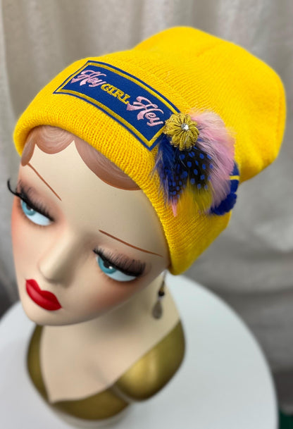 Hello Sunshine Statement “HEY Girl HEY” Patchwork Vintage Jeweled & Feather Embellished Beanie
