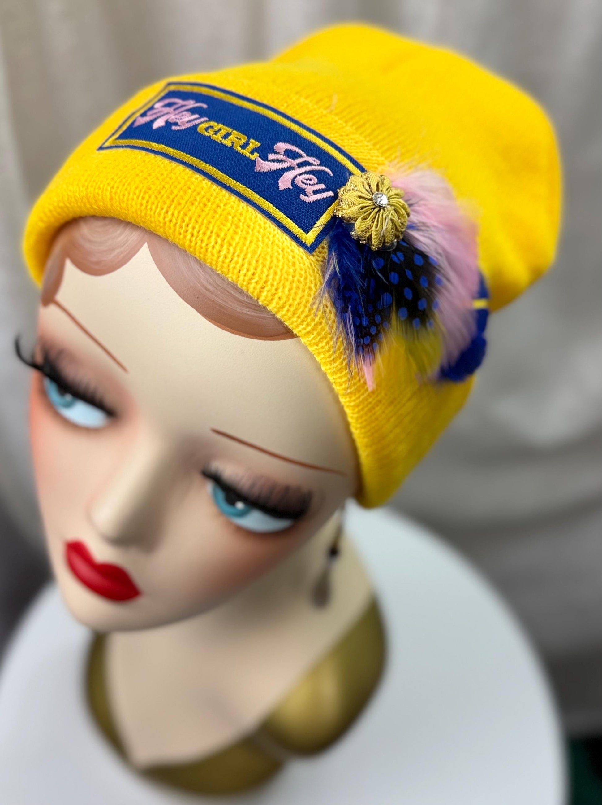 Hello Sunshine Statement “HEY Girl HEY” Patchwork Vintage Jeweled & Feather Embellished Beanie