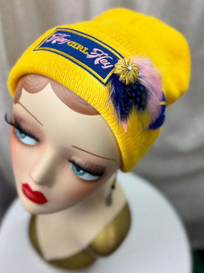 Hello Sunshine Statement “HEY Girl HEY” Patchwork Vintage Jeweled & Feather Embellished Beanie