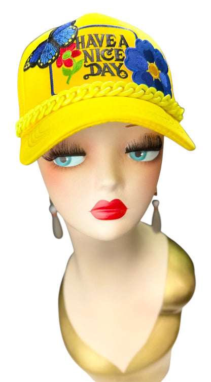 Playful Statement Patchwork “Have A Nice Day” Accessory Chain Trucker Hat