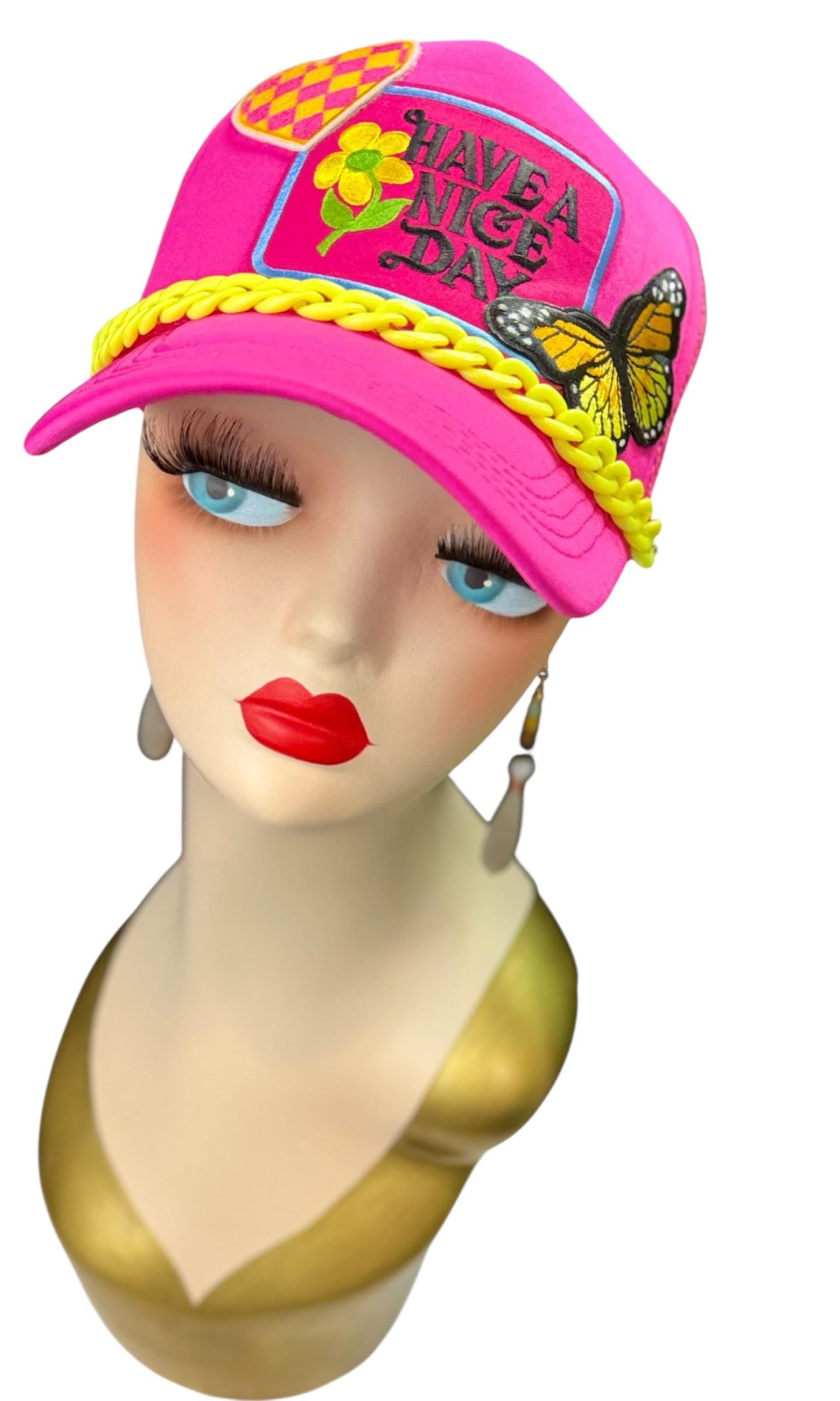 Playful Statement Patchwork “Have A Nice Day” Accessory Chain Trucker Hat