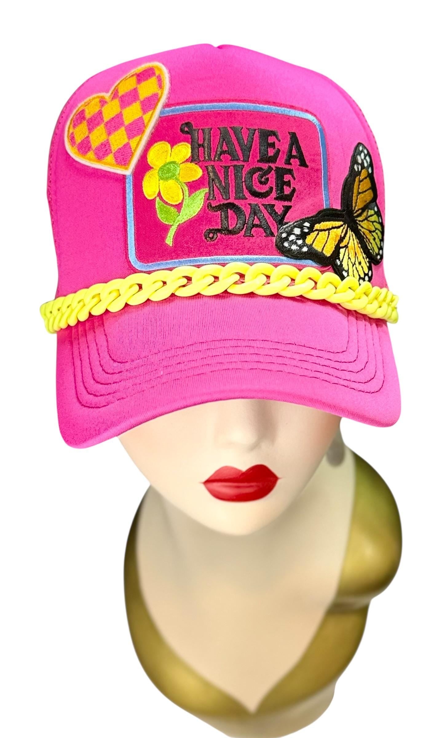 Playful Statement Patchwork “Have A Nice Day” Accessory Chain Trucker Hat