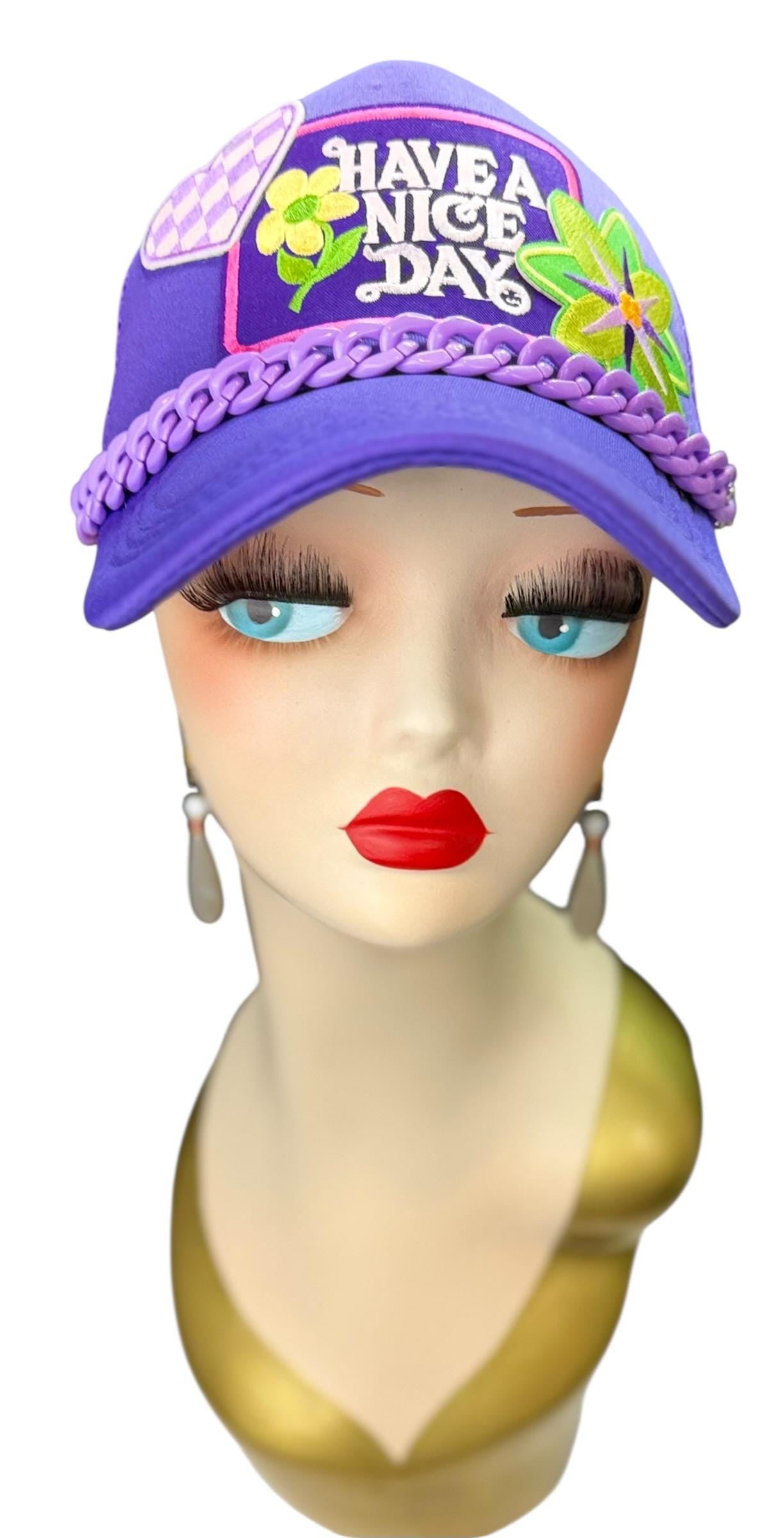 Playful Statement Patchwork “Have A Nice Day” Accessory Chain Trucker Hat