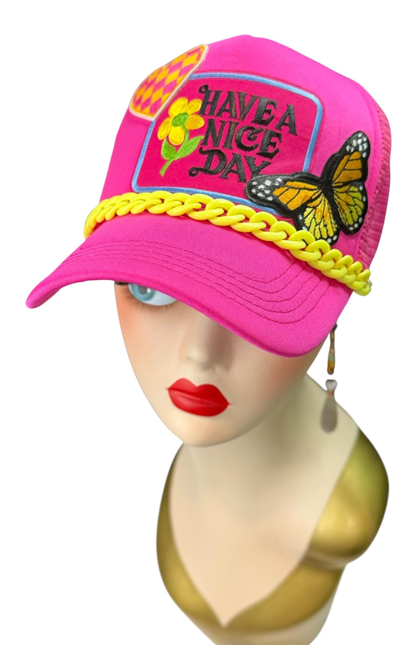 Playful Statement Patchwork “Have A Nice Day” Accessory Chain Trucker Hat