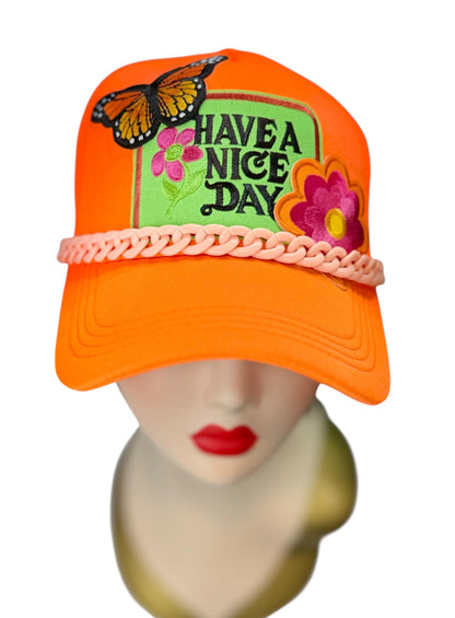 Playful Statement Patchwork “Have A Nice Day” Accessory Chain Trucker Hat