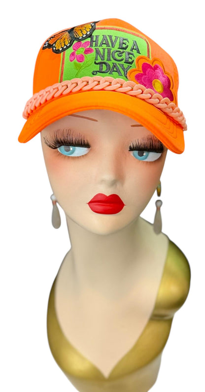 Playful Statement Patchwork “Have A Nice Day” Accessory Chain Trucker Hat