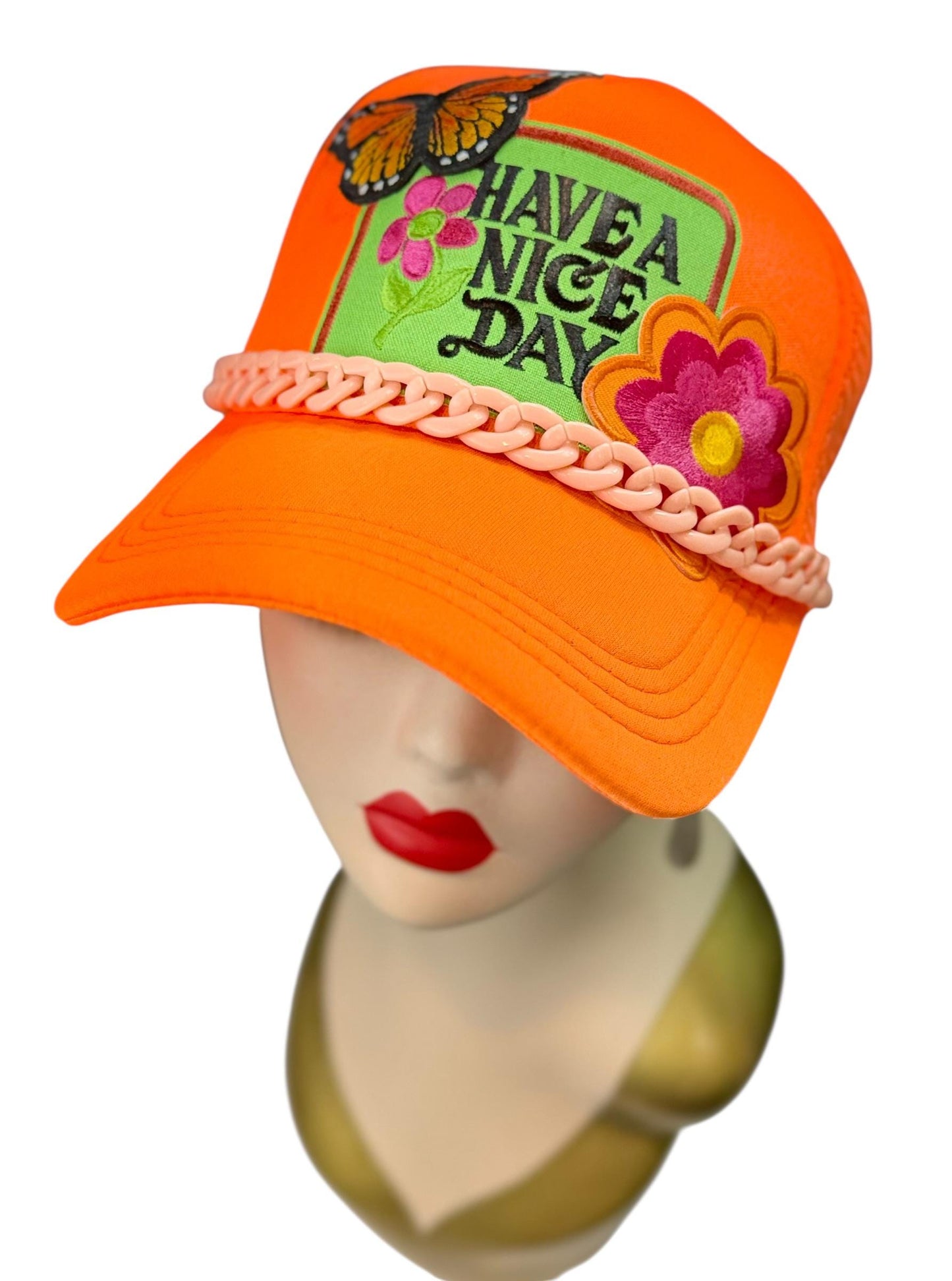 Playful Statement Patchwork “Have A Nice Day” Accessory Chain Trucker Hat