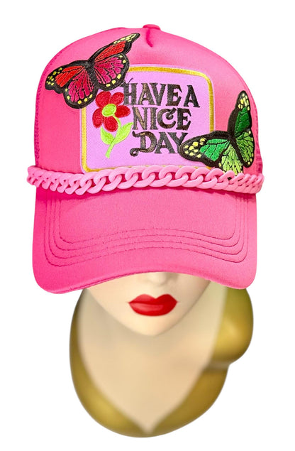 Playful Statement Patchwork “Have A Nice Day” Accessory Chain Trucker Hat